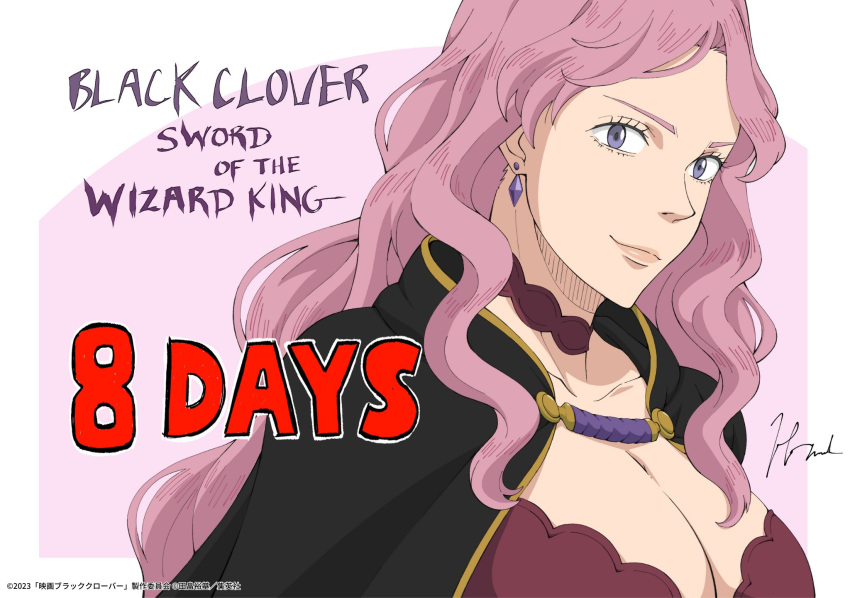 1girl artist_request black_capelet black_clover:_sword_of_the_wizard_king breasts capelet cleavage countdown earrings english_text highres jewelry large_breasts looking_at_another looking_to_the_side official_art official_style short_hair smile solo upper_body vanessa_enoteca