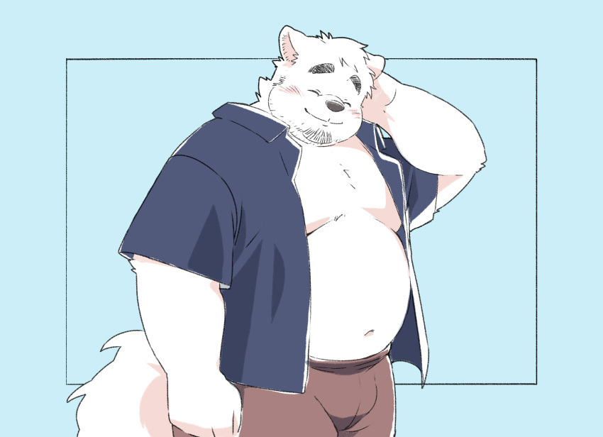 2023 anthro beard belly big_belly blush bottomwear bulge canid canine canis clothed clothing domestic_dog eyes_closed facial_hair hi_res inunoshippo kemono male mammal moobs open_clothing open_shirt open_topwear overweight overweight_male pants shirt solo topwear