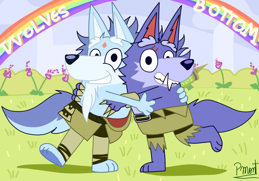 absurd_res anthro beard bluey_(series) canid canine canis clothed clothing duo embrace facial_hair fangs hi_res law_(sdorica) league_of_legends lgbt_pride male male/male mammal pinumontbalou pride_colors rainbow_flag rainbow_pride_flag rainbow_symbol riot_games scar sdorica smile teeth warwick_(lol) wolf