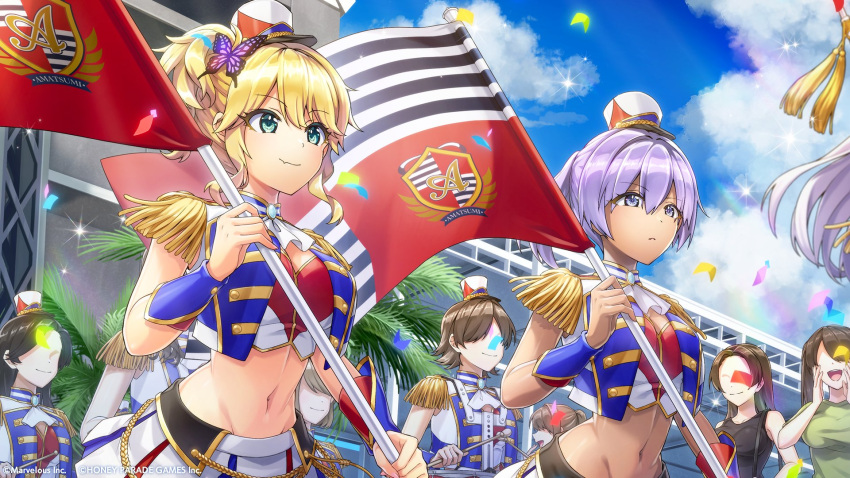 2girls blonde_hair blue_sky cloud commentary_request confetti dark-skinned_female dark_skin dolphin_wave drum drum_set faceless faceless_female fang fang_out flag green_eyes hat highres holding holding_flag instrument izumi_kiri marching_band multiple_girls navel official_art ootomo_takuji pleated_skirt ponytail purple_eyes purple_hair shako_cap skirt sky souma_hayate wrist_cuffs