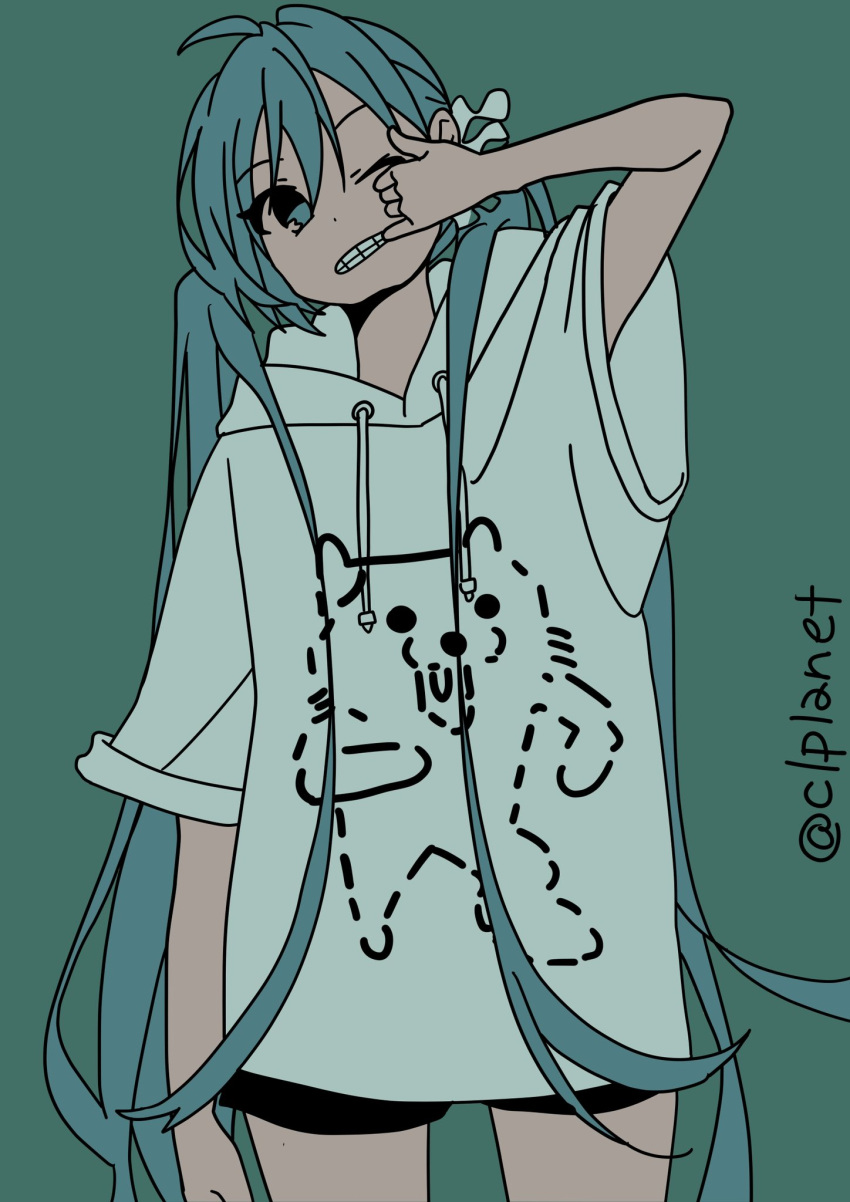 1girl aira_(exp) aqua_eyes aqua_hair aqua_hoodie black_shorts bow clenched_teeth finger_in_own_mouth green_bow hair_ribbon hatsune_miku head_tilt highres hood hood_down hoodie kaomoji long_hair loose_clothes mouth_pull one_eye_closed oversized_clothes pedobear print_hoodie ribbon short_sleeves shorts solo taunting teeth twintails twitter_username very_long_hair vocaloid white_hoodie wide_sleeves