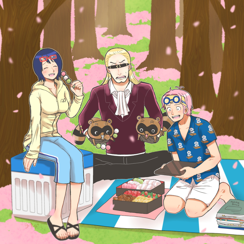 1girl 2boys animal blonde_hair blue_hair blush closed_eyes coby_(one_piece) dango food full_body glasses helmeppo highres long_hair multiple_boys one_piece open_mouth picnic pink_hair raccoon short_hair smile sunglasses tashigi wagashi yone_yoneda