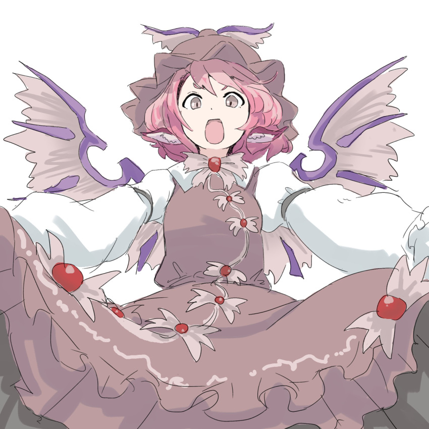 1girl animal_ears bird_ears bird_wings brown_dress brown_eyes brown_headwear dress exkagerou8665 frilled_dress frilled_sleeves frills grey_wings hat highres long_sleeves mystia_lorelei one-hour_drawing_challenge open_mouth pink_hair short_hair simple_background sleeve_garter solo touhou white_background winged_hat wings