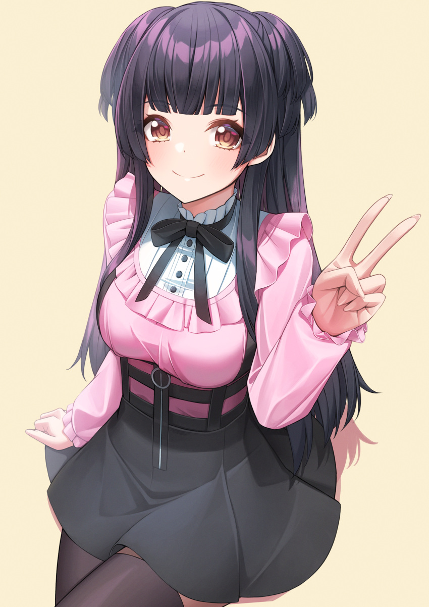 1girl absurdres black_bow black_bowtie black_hair black_skirt black_thighhighs blush bow bowtie breasts brown_eyes closed_mouth commentary frilled_sleeves frills highres hime_cut idolmaster idolmaster_shiny_colors jirai_kei long_hair long_sleeves looking_at_viewer mayuzumi_fuyuko medium_breasts pink_shirt puffy_sleeves shirt sidelocks simple_background skirt smile solo sora_(men0105) thighhighs two_side_up v yellow_background zettai_ryouiki