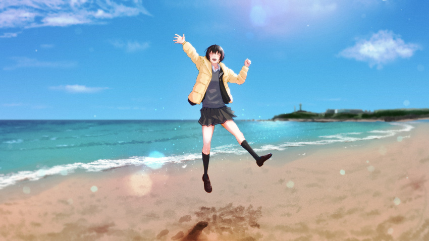 1girl :d absurdres amagami arm_up beach black_hair black_jacket black_sailor_collar black_skirt black_socks blazer blue_sky blurry blush bokeh breasts brown_footwear closed_eyes collared_shirt commentary curled_fingers depth_of_field dress_shirt film_grain grey_sweater hands_up highres jacket jumping kibito_high_school_uniform kneehighs loafers mountainous_horizon nanasaki_ai ocean open_clothes open_jacket open_mouth oshizu pleated_skirt sailor_collar sand school_uniform serafuku shadow shirt shoes short_hair skirt sky small_breasts smile socks solo spray sweater teeth upper_teeth_only water waving white_shirt yellow_jacket