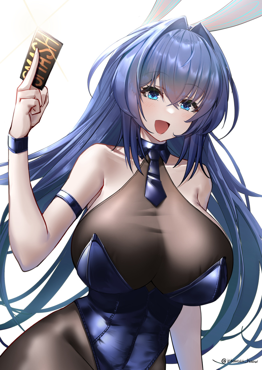 1girl :d absurdres animal_ears arm_strap azur_lane bare_shoulders black_pantyhose blue_eyes blue_hair blue_leotard blue_necktie blush breasts collarbone crossed_bangs hair_between_eyes hair_intakes hand_up highres holding irkawaza large_breasts leotard long_hair necktie new_jersey_(azur_lane) new_jersey_(exhilarating_steps!)_(azur_lane) official_alternate_costume open_mouth pantyhose playboy_bunny rabbit_ears simple_background smile solo twitter_username white_background