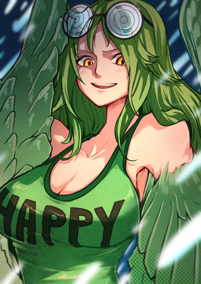 1girl aosora2823 breasts cleavage glasses green_hair green_shirt harpy highres large_breasts long_hair monet_(one_piece) monster_girl one_piece open_mouth orange_eyes shirt snowing solo twitter_username upper_body wings