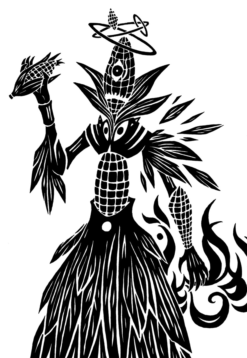 2014 5_claws 5_fingers arm_tuft black_and_white bottomwear chest_eye claws clothing corn deity digital_drawing_(artwork) digital_media_(artwork) elbow_tuft elemental_creature elemental_humanoid finger_claws fingers fire flora_fauna food food_creature food_humanoid fruit fruit_humanoid halo hi_res holding_corn holding_food holding_object humanoid leaf leaf_skirt living_fruit male monochrome multi_eye plant plant_humanoid pupil restricted_palette scp_foundation shoulder_tuft simple_background skirt solo srqnabotf sunnyclockwork tuft vertical_eyes white_background