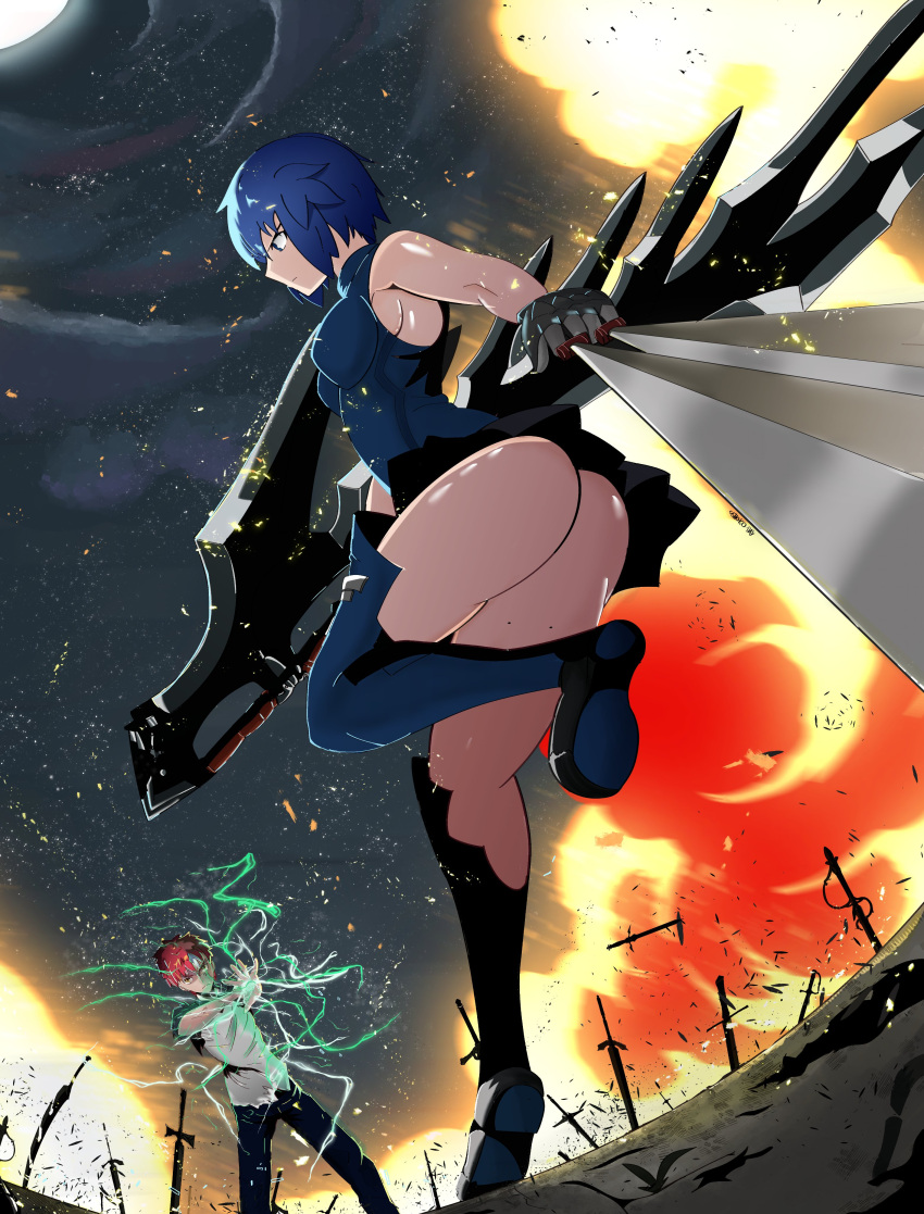 1boy 1girl absurdres ahoge ass bare_shoulders battle between_fingers black_keys_(type-moon) blue_dress blue_eyes blue_hair blue_thighhighs bodysuit boots breasts ciel_(tsukihime) clothing_cutout colored_skin dark_skin diamond_cutout dress emiya_shirou emiya_shirou_(prisma_illya) fate/kaleid_liner_prisma_illya fate/stay_night fate_(series) field_of_blades fighting gloves habit highres holding holding_weapon huge_weapon magic_circuit medium_breasts melty_blood multicolored_hair multicolored_skin orange_hair pile_bunker planted planted_sword powered_ciel raglan_sleeves red_hair seventh_holy_scripture shoko_excalibur short_hair skirt sleeveless sleeveless_bodysuit sleeveless_dress streaked_hair sword thigh_boots thighhighs too_many_weapons tsukihime tsukihime_(remake) two-tone_skin unlimited_blade_works_(fate) weapon white_hair yellow_eyes