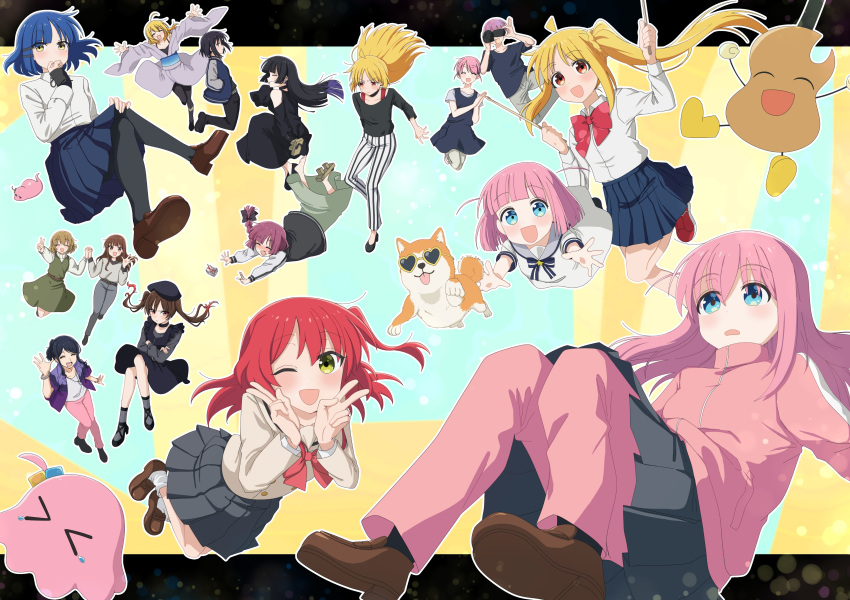 &gt;_&lt; 1boy 6+girls absurdres ahoge alcohol_carton belt beret black_dress black_footwear black_hair black_headwear black_pants black_shirt black_skirt blonde_hair blue_eyes blue_hair blue_skirt blush bocchi_the_rock! bow bowtie braid braided_ponytail brown_footwear brown_hair choker closed_eyes clothing_cutout collared_shirt crossed_arms crossed_legs dog double_v dress drumsticks fallen_down fan_1-gou fan_2-gou geta gitao gotoh_futari gotoh_hitori gotoh_hitori_(octopus) gotoh_hitori_(tsuchinoko) gotoh_michiyo gotoh_naoki green_dress green_eyes green_skirt hair_ornament hairclip hands_in_pockets hat heart heart-shaped_eyewear high_heels highres hiroi_kikuri holding holding_drumsticks holding_hands ijichi_nijika ijichi_seika iwashita_shima jacket japanese_clothes jimihen kimono kita_ikuyo loafers long_hair long_sleeves looking_at_viewer mofujiro mole mole_under_eye mouth_piercing multiple_girls one_eye_closed one_side_up ootsuki_yoyoko open_clothes open_jacket open_mouth own_hands_together pa-san pants pink_jacket pink_pants purple_jacket recording red_hair shimizu_eliza shirt shirt_tucked_in shoes shoulder_cutout side_ponytail skirt smile socks striped striped_pants sunglasses sweatdrop track_jacket track_suit twintails v v-shaped_eyebrows video_camera waving white_socks yamada_ryo yellow_eyes yoshida_ginjirou