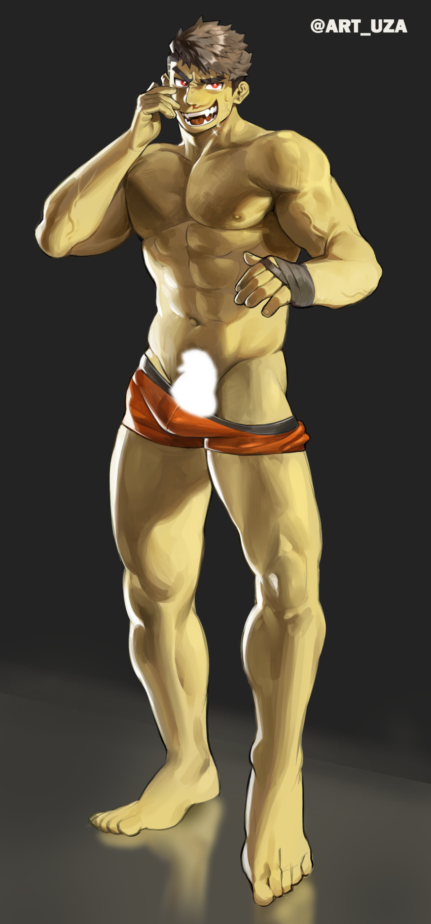 1boy abs absurdres bara blank_censor blood boxer_briefs bulge censored colored_skin full_body glowing glowing_eyes grin highres large_pectorals looking_at_viewer male_focus male_underwear male_underwear_pull muscular muscular_male navel nipples nosebleed original paid_reward_available pectorals red_eyes red_male_underwear saliva short_hair smile solo standing sweat thick_eyebrows thick_thighs thighs underwear uza_(hellme) v-shaped_eyebrows veins veiny_arms yellow_skin
