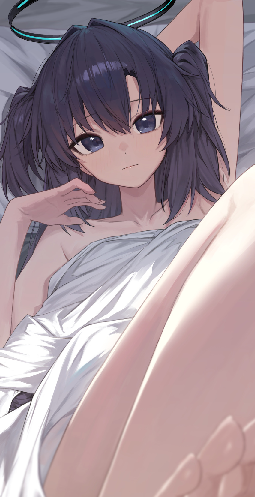 1girl absurdres barefoot bed_sheet blue_archive closed_mouth collarbone gnns hair_between_eyes halo highres long_hair looking_at_viewer mechanical_halo purple_eyes purple_hair solo toes two_side_up yuuka_(blue_archive)