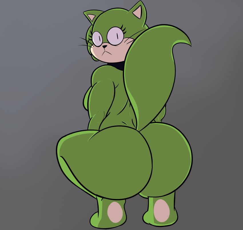 2023 absurd_res anthro big_butt breasts butt crossgender crouching devildust15 domestic_cat eyelashes felid feline felis female fur green_body green_fur grey_background hanna-barbera hi_res jellystone_(hbo_max) looking_at_viewer looking_back looking_back_at_viewer mammal rear_view scarf simple_background solo spook_(top_cat) top_cat_(series) whiskers