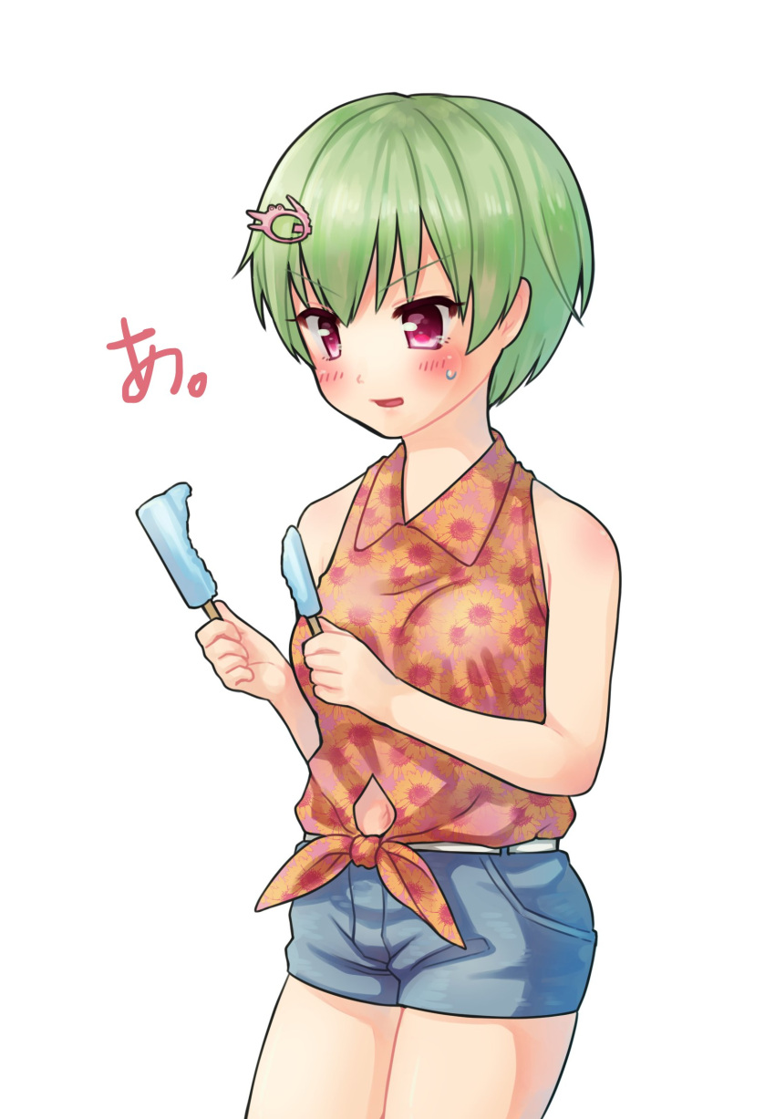 1girl absurdres bare_arms blush collared_shirt cowboy_shot crocodile_hair_ornament denim denim_shorts eyelashes flower food frown green_hair hair_between_eyes hawaiian_shirt highres holding holding_food holding_popsicle looking_at_food looking_down may_salamanya nomura_miki open_mouth pink_eyes popsicle shirt short_hair shorts simple_background sleeveless sleeveless_shirt solo standing summer_pockets sunflower translated unequal_popsicle_division v-shaped_eyebrows white_background
