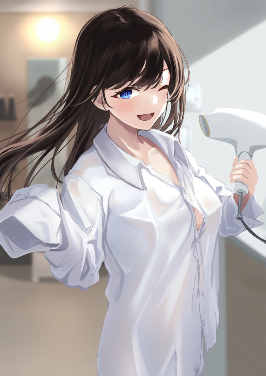 1girl blue_eyes blurry blurry_background borrowed_clothes breasts brown_hair button_gap collarbone collared_shirt covered_nipples hair_dryer hands_up highres indoors large_breasts long_hair looking_at_viewer mirror naked_shirt one_eye_closed open_mouth original oversized_clothes shirt shirt_overhang sleeves_past_fingers sleeves_past_wrists smile solo swept_bangs white_shirt wind wind_lift yu_sa1126