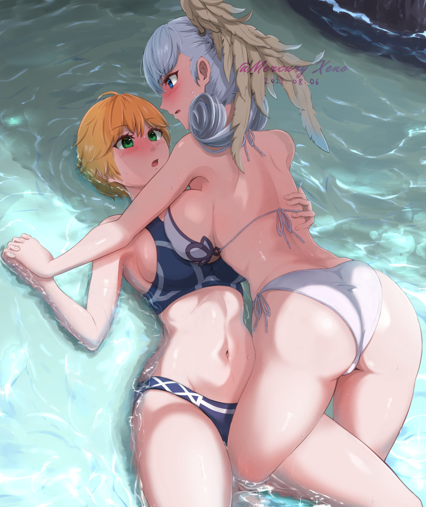2girls absurdres artist_name ass bikini blonde_hair blue_eyes blush breast_press breasts curly_hair dated embarrassed fiora_(xenoblade) from_above girl_on_top green_eyes grey_hair hand_on_another's_back head_wings highres holding_hands kneeling large_breasts leg_between_thighs lying melia_antiqua mercury_xeno multiple_girls on_back open_mouth shallow_water short_hair side-tie_bikini_bottom swimsuit symmetrical_docking water wings xenoblade_chronicles_(series) xenoblade_chronicles_1