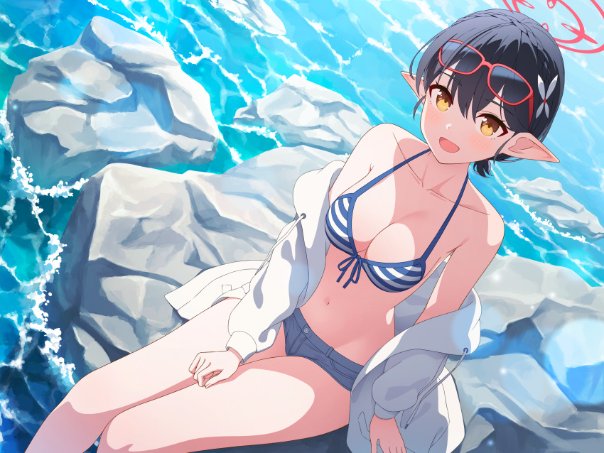 1girl :d absurdres ayane_(blue_archive) bare_legs black_hair blue_archive blush breasts brown_eyes cleavage collarbone day denim denim_shorts eyewear_on_head glasses hair_ornament halo highres jacket looking_at_viewer medium_breasts navel ocean open_mouth outdoors pointy_ears rankebu red-framed_eyewear rock short_shorts shorts sitting smile solo swimsuit white_jacket