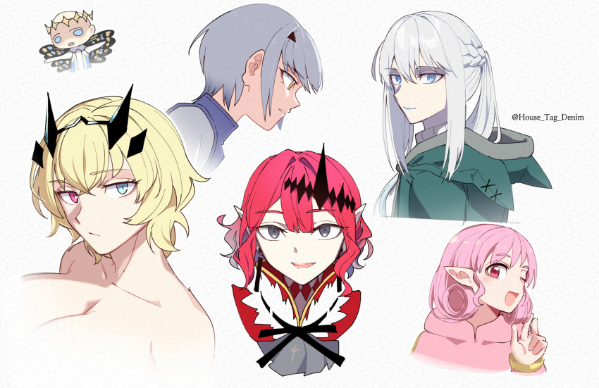 1boy 5girls alternate_hair_length alternate_hairstyle bald bare_shoulders blonde_hair blue_dress blue_eyes blush braid breasts butterfly_wings chibi diamond_hairband dress earrings fairy_knight_gawain_(fate) fairy_knight_lancelot_(fate) fairy_knight_tristan_(fate) fate/grand_order fate_(series) forked_eyebrows french_braid green_eyes green_jacket grey_eyes grey_hair habetrot_(fate) heterochromia highres horns house_tag_denim index_finger_raised jacket jewelry large_breasts long_hair long_sleeves looking_at_viewer morgan_le_fay_(fate) multiple_girls oberon_(fate) one_eye_closed pink_hair pink_jacket pointy_ears ponytail red_eyes short_hair sidelocks small_breasts smile tiara white_hair wings yellow_eyes