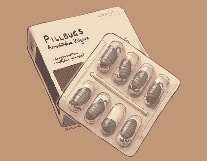 artist_name blister_pack box brown_background bug english_text everson_woodlouse highres isopod medicine no_humans original pillbug simple_background tagme