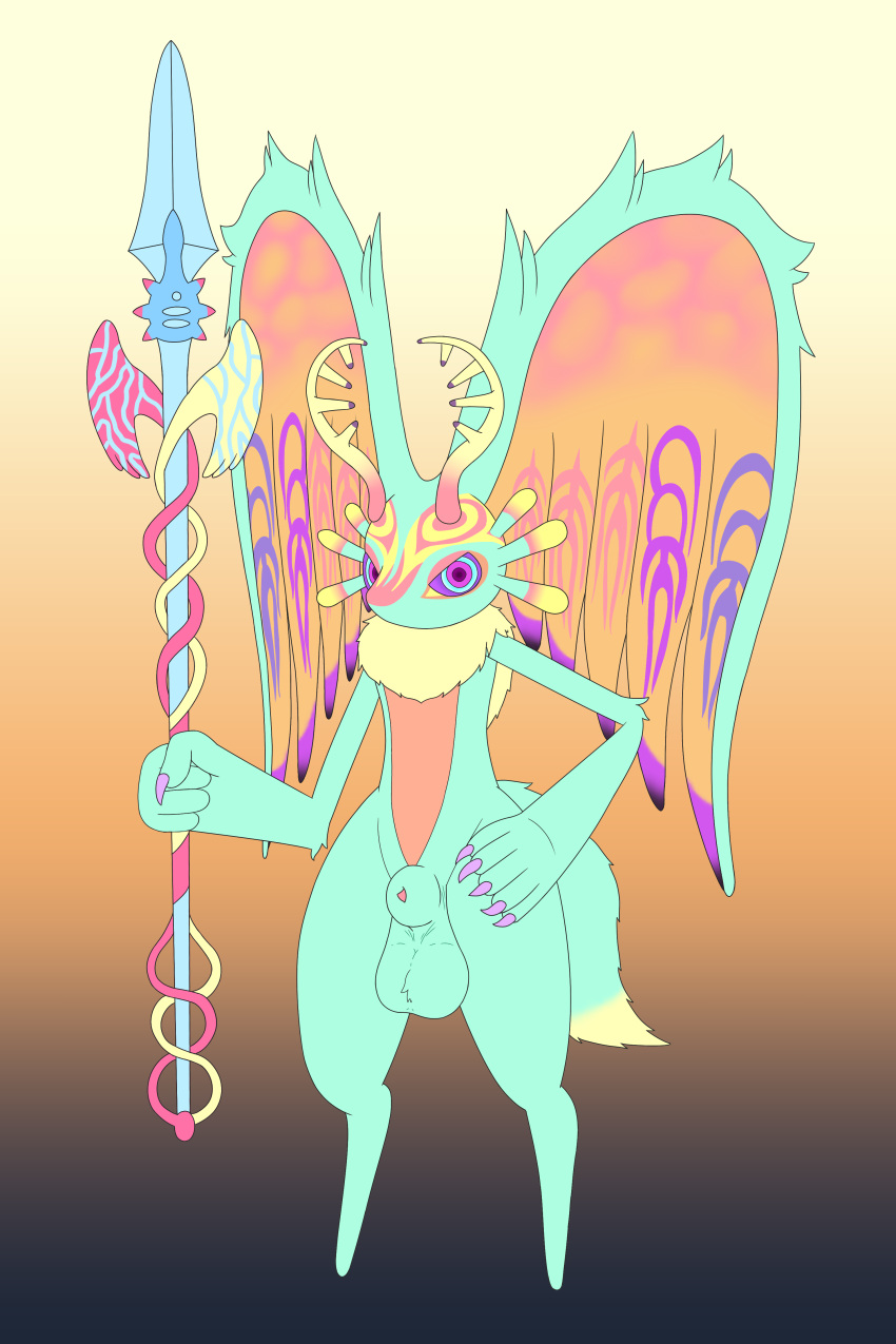 absurd_res alien animal_genitalia animal_penis anthro balls big_balls big_ears blue_body blue_fur chinchillid claws fecto_elfilis fur genitals gradient_background hand_on_hip hi_res holding_object holding_spear holding_weapon horn huge_ears kamek_sans kirby_(series) kirby_and_the_forgotten_land looking_at_viewer male mammal melee_weapon nintendo nonbinary_(lore) penis penis_tip pink_body pink_fur polearm purple_eyes purple_sclera rodent sheath simple_background solo spear thick_thighs weapon yellow_body yellow_fur