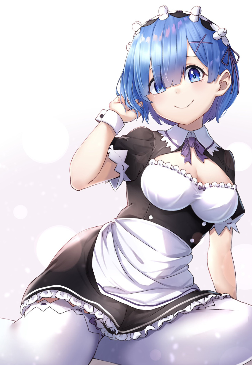 1girl blue_eyes blue_hair eyes_visible_through_hair frilled_sleeves frills hair_ornament hair_ribbon hand_in_own_hair highres looking_at_viewer m.tokotsu maid maid_headdress purple_ribbon re:zero_kara_hajimeru_isekai_seikatsu rem_(re:zero) ribbon ribbon-trimmed_clothes ribbon_trim roswaal_mansion_maid_uniform short_hair simple_background smile solo translation_request white_background x_hair_ornament