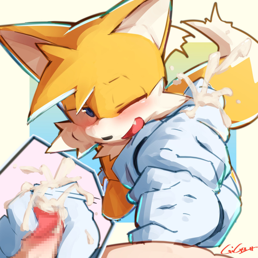 absurd_res anthro blue_eyes blush bodily_fluids canid canine clothing cum duo ejaculation fox genital_fluids gloves handjob handwear happy hi_res jimnydaisuki male male/male mammal miles_prower penile sega sex sonic_the_hedgehog_(series)