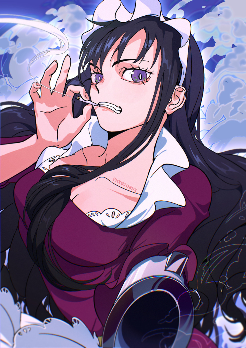 1girl absurdres artist_name baby_5 black_hair cigarette commentary dress english_commentary gun highres holding holding_cigarette holding_weapon long_hair looking_at_viewer maid maid_headdress mygiorni one_piece purple_dress purple_eyes smoke smoking solo teeth weapon