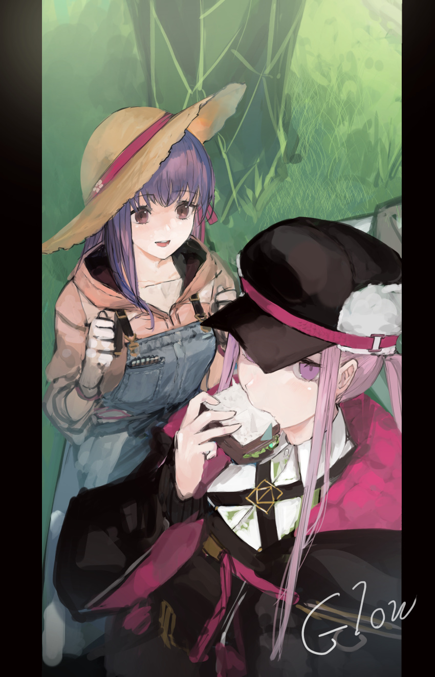 2girls absurdres black_border border denim eating fate/grand_order fate_(series) food gloves hat highres long_hair matou_sakura medusa_(fate) medusa_(saber)_(fate) multiple_girls overalls purple_eyes purple_hair sandwich straw_hat yorurokujuu