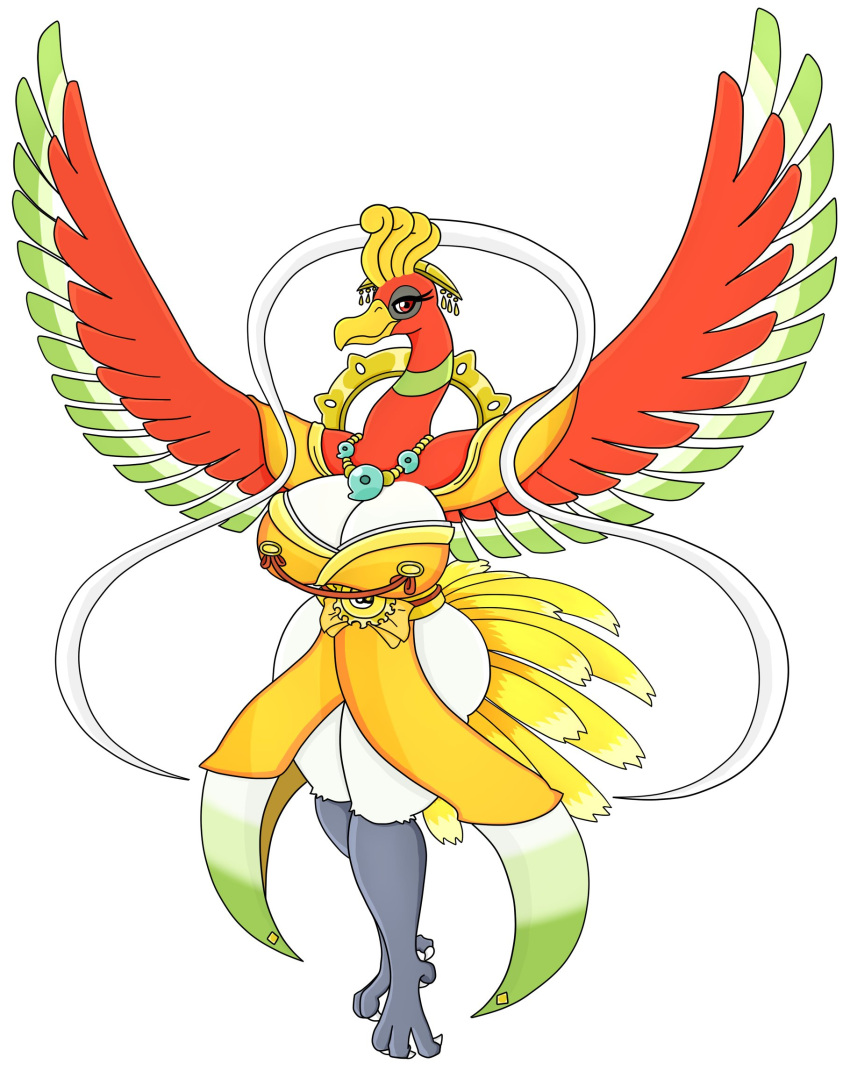 accessory anthro beak big_breasts breasts claws clothing collar feather_hair feathered_wings feathers female generation_2_pokemon hi_res ho-oh huge_breasts legendary_pokemon nintendo pokemon pokemon_(species) pseudo_hair red_body red_eyes simple_background solo tail_feathers tunic urusee584 white_background wings