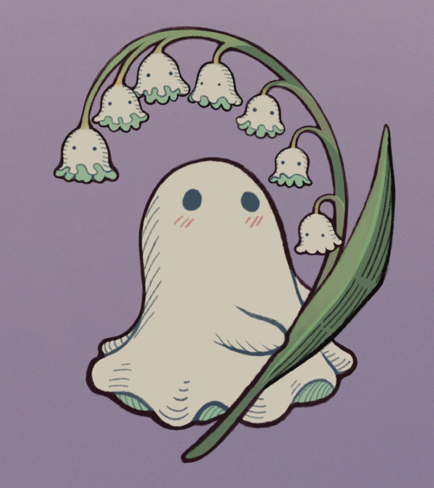 1other blush flower ghost grey_background highres holding holding_flower leaf lily_of_the_valley no_mouth no_nose original other_focus passionpeachy plant solid_circle_eyes