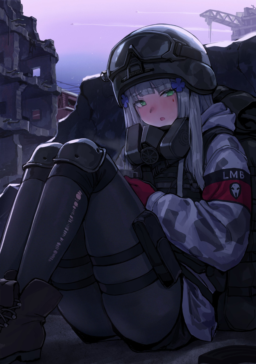 1girl absurdres ass black_pantyhose black_shorts blush boots cup girls'_frontline gloves goggles goggles_on_headwear green_eyes hair_ornament helmet highres hk416_(fang)_(girls'_frontline) hk416_(girls'_frontline) holding holding_cup jacket knee_pads knees_up kuro_(zhurunbo1997) long_hair looking_at_viewer mask mask_around_neck official_alternate_costume open_mouth outdoors pantyhose red_gloves respirator ruins shorts sitting sky solo steam thigh_pouch tom_clancy's_the_division torn_clothes torn_pantyhose white_jacket