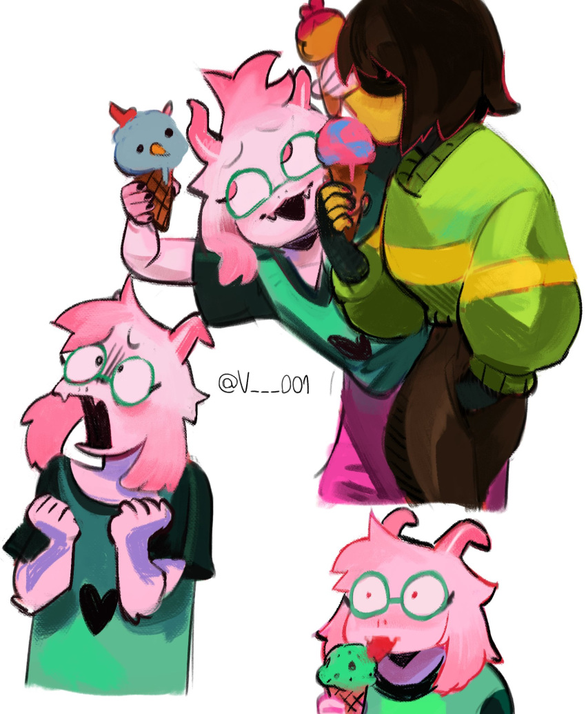 ambiguous_gender anthro big_ears bovid caprine clothing darkner deltarune dessert duo eyewear food fur glasses goat green_clothing green_shirt green_topwear head_tuft hi_res human ice_cream kris_(deltarune) licking licking_ice_cream male mammal nonbinary_(lore) pink_body pink_fur ralsei shirt simple_background sweater t-shirt tongue tongue_out topwear tuft undertale_(series) v_rawr white_background white_body white_fur yellow_body yellow_skin