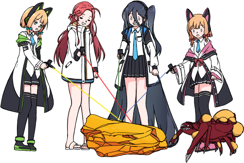 4girls :3 :d =_= animal_ear_headphones animal_ears aris_(blue_archive) barefoot_sandals black_hair black_hairband black_skirt black_thighhighs blonde_hair blue_archive blue_bow blue_eyes blue_necktie bow cat_ear_headphones commentary deep_rock_galactic english_commentary fake_animal_ears forehead full_body game_development_department_(blue_archive) gameplay_mechanics gold green_eyes green_footwear hair_between_eyes hair_bow hairband headphones heads-up_display highres holding holding_weapon jacket jitome laser long_hair long_sleeves looking_at_another looking_down low_tied_sidelocks midori_(blue_archive) momoi_(blue_archive) monster multiple_girls necktie o_o open_clothes open_jacket pink_bow pink_footwear pleated_skirt red_hair ringed_eyes sandals shoes siblings sisters skirt sleeves_past_fingers sleeves_past_wrists smile smug sneakers standing template thighhighs very_long_hair weapon white_footwear xandier59 yuzu_(blue_archive)