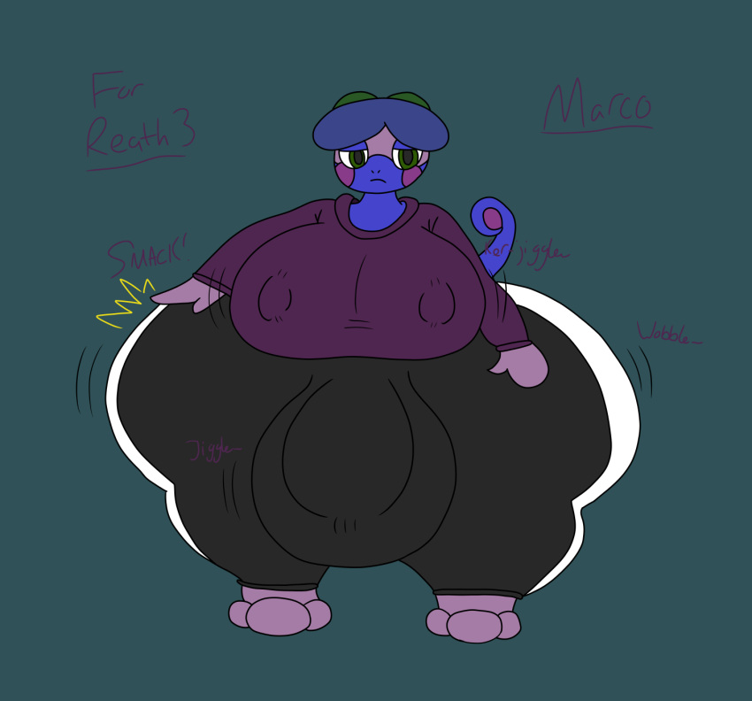 anthro big_breasts big_bulge big_butt big_nipples black_bottomwear black_clothing black_pants black_sweatpants blank_expression blue_background blue_body blue_tail bottomwear breasts bulge butt butt_slap chasey_ultra_beast_goodra clothing collaboration curled_tail drizzile flat_colors front_view generation_8_pokemon green_eyes hand_on_butt hi_res hoodie huge_breasts huge_bulge huge_butt huge_nipples huge_thighs hyper hyper_breasts hyper_bulge hyper_butt hyper_thighs intersex jiggling marco_(reathe) nintendo nipple_outline nipples pants pokemon pokemon_(species) purple_body purple_clothing purple_hoodie purple_topwear reathe simple_background slap solo tail thick_thighs tight_clothing topwear wobbling