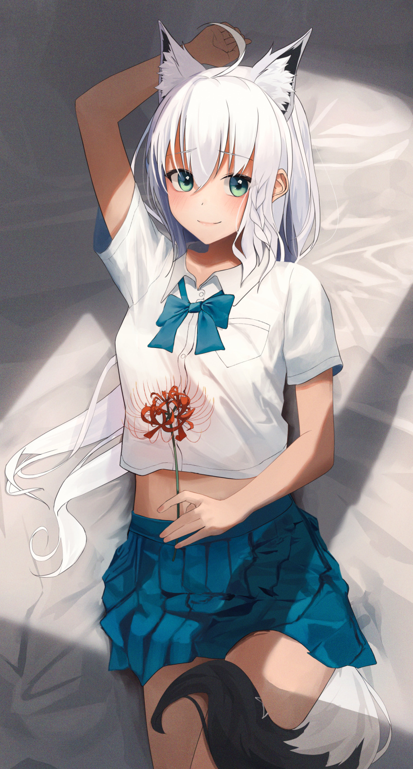 1girl absurdres ahoge animal_ear_fluff animal_ears arm_up bed_sheet blue_bow blue_skirt bow bowtie braid commentary_request extra_ears flower flower_request fox_ears fox_girl fox_tail green_eyes hair_between_eyes highres holding holding_flower hololive isolatediev long_hair looking_at_viewer lying on_back pleated_skirt school_uniform serafuku shirakami_fubuki short_sleeves sidelocks single_braid skirt solo tail virtual_youtuber white_hair white_serafuku