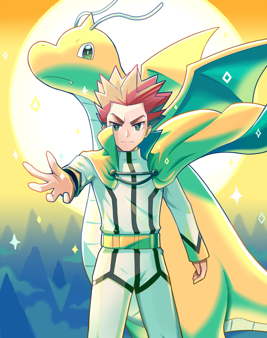 +_+ 1boy absurdres alternate_color belt cape closed_mouth commentary_request dragonite ffccll floating_cape highres jacket leon_(pokemon) looking_at_viewer male_focus outstretched_hand pants pokemon pokemon_(creature) pokemon_(game) pokemon_masters_ex red_hair short_hair smile sparkle spiked_hair spread_fingers yellow_belt yellow_cape