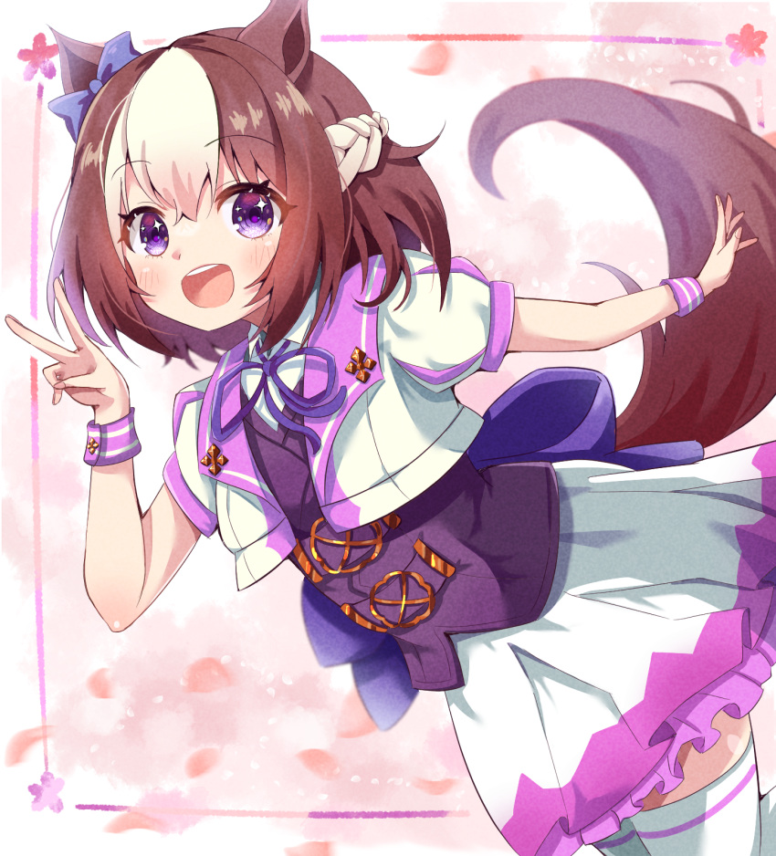 1girl animal_ears back_bow blush bow braid brown_hair cowboy_shot ear_bow french_braid frilled_skirt frills hair_between_eyes highres horse_ears horse_girl horse_tail looking_at_viewer mikumiku37 open_mouth puffy_short_sleeves puffy_sleeves purple_bow short_hair short_sleeves skirt smile solo sparkle special_week_(umamusume) tail teeth thighhighs umamusume upper_teeth_only v white_skirt white_thighhighs wrist_cuffs