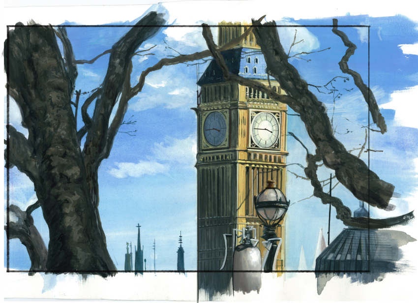 absurdres aerial_(aerial_30) blue_sky border building cloud cloudy_sky elizabeth_tower highres lamppost london no_humans original painting_(medium) plant rooftop sky tower traditional_media tree white_border