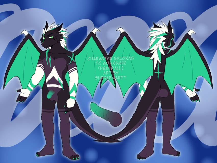 anthro athletic black dragon flaccid genitals green hi_res knot male model_sheet penis purple shrimpmartt solo