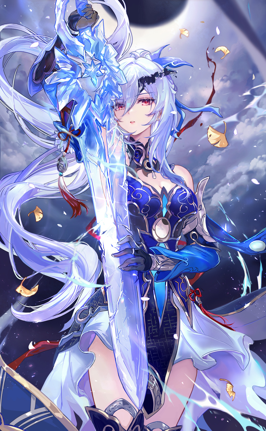 1girl absurdres bare_shoulders blue_dress breasts cleavage crystal_sword detached_sleeves dress gloves high_ponytail highres honkai:_star_rail honkai_(series) jingliu_(honkai:_star_rail) large_breasts long_hair looking_at_viewer red_eyes solo sword thighhighs thighs vardan weapon white_hair