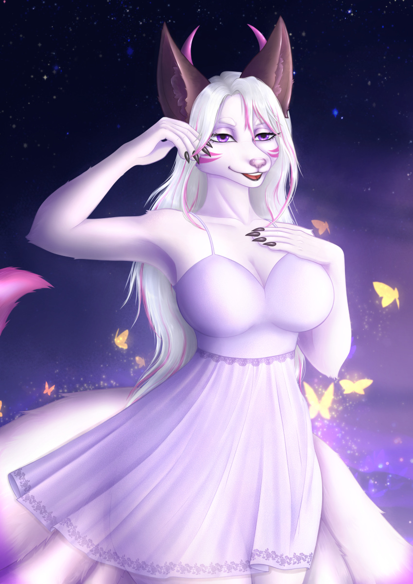 2023 5_fingers absurd_res anthro arthropod breasts butterfly canid canine clothed clothing digital_drawing_(artwork) digital_media_(artwork) dress dymkapics female fingers fox fur glowing hair hi_res horn insect lepidopteran mammal night purple_eyes solo star tail white_clothing white_dress white_hair