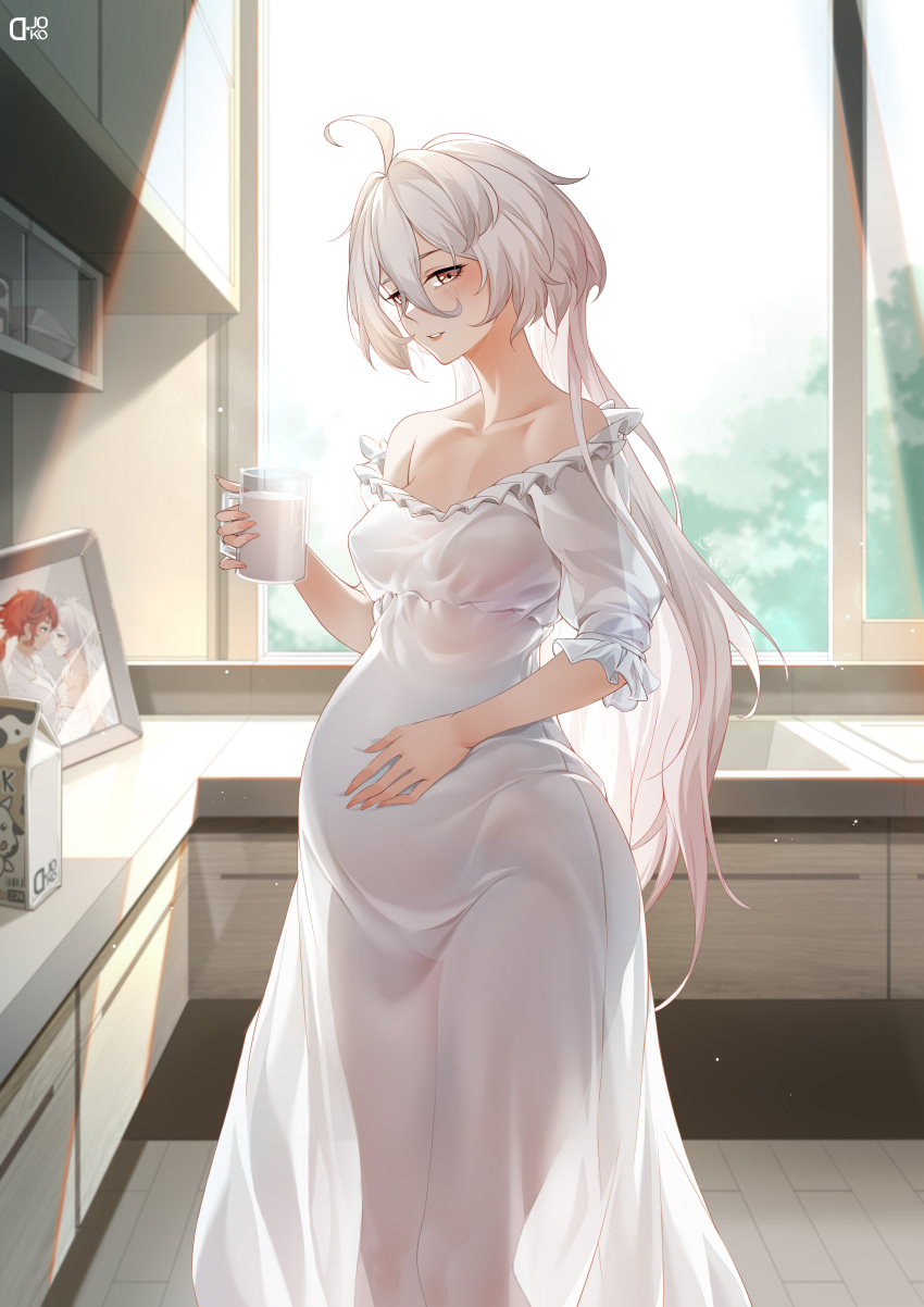 2girls absurdres cup d._joko grey_hair gundam gundam_suisei_no_majo hand_on_own_stomach highres holding holding_cup indoors ips_cells jewelry kitchen long_hair milk_carton miorine_rembran multiple_girls nightgown pajamas pregnant ring see-through smile suletta_mercury very_long_hair wedding_ring white_hair white_nightgown yellow_eyes