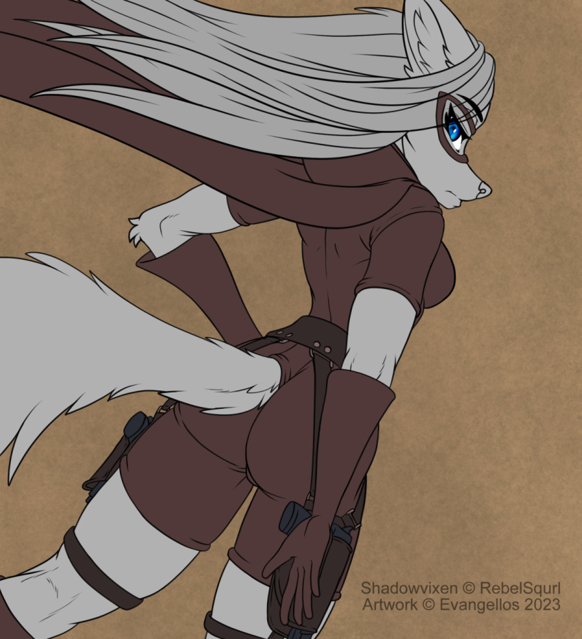 2023 anthro blue_eyes breasts butt canid canine cape clothed clothing evangellos_(artist) female fox fur furgonomics gloves gun hair handgun handwear hi_res jennifer_sherwood looking_at_viewer looking_back looking_back_at_viewer mammal pistol ranged_weapon rear_view restricted_palette solo tail weapon