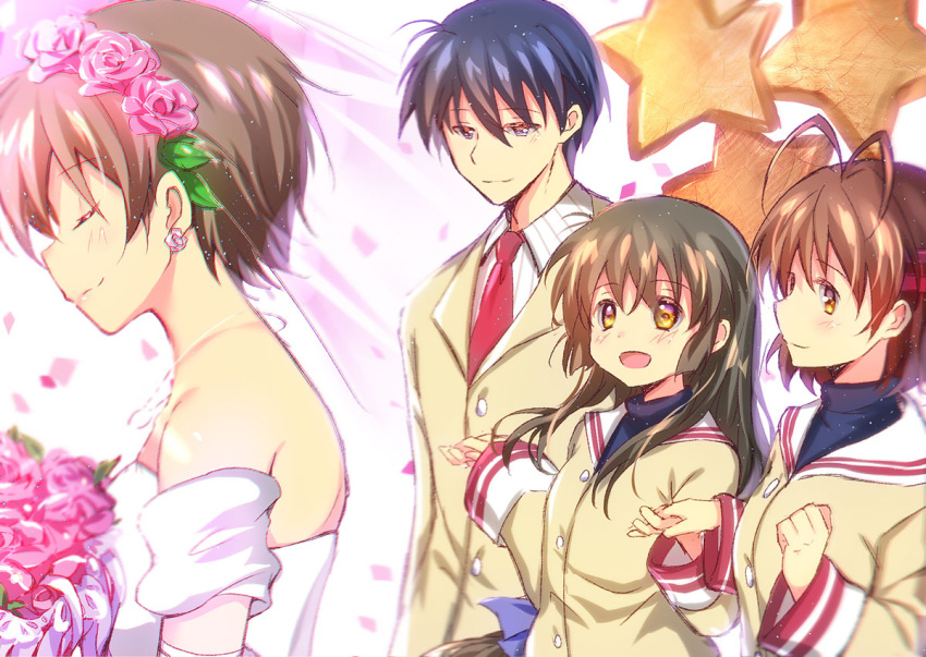 1boy 3girls :d antenna_hair bare_shoulders black_hair blush bouquet bridal_veil brown_hair chinese_commentary clannad closed_eyes closed_mouth commentary_request dress earrings flower flower_earrings flower_wreath from_side furukawa_nagisa head_wreath holding holding_bouquet holding_hands ibuki_fuuko ibuki_kouko jacket jewelry lliissaawwuu2 long_hair long_sleeves looking_at_another medium_hair multiple_girls necklace okazaki_tomoya open_mouth pink_flower pink_rose profile rose sailor_collar school_uniform short_hair siblings sidelocks simple_background sisters smile starfish veil wedding wedding_dress white_background white_sailor_collar yellow_eyes yellow_jacket