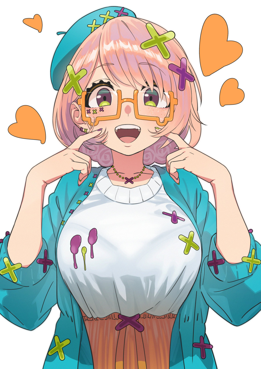 1girl absurdres blue_headwear blue_jacket bralines breasts finger_to_cheek glasses green_eyes hair_ornament hands_up hat heart high-waist_skirt highres index_finger_raised jacket looking_at_viewer medium_breasts open_clothes open_jacket open_mouth orange-framed_eyewear orange_hair orange_skirt original shirt short_hair skirt solo teardrop-framed_glasses teeth tonegawa_ribu upper_body upper_teeth_only white_background white_shirt x_hair_ornament