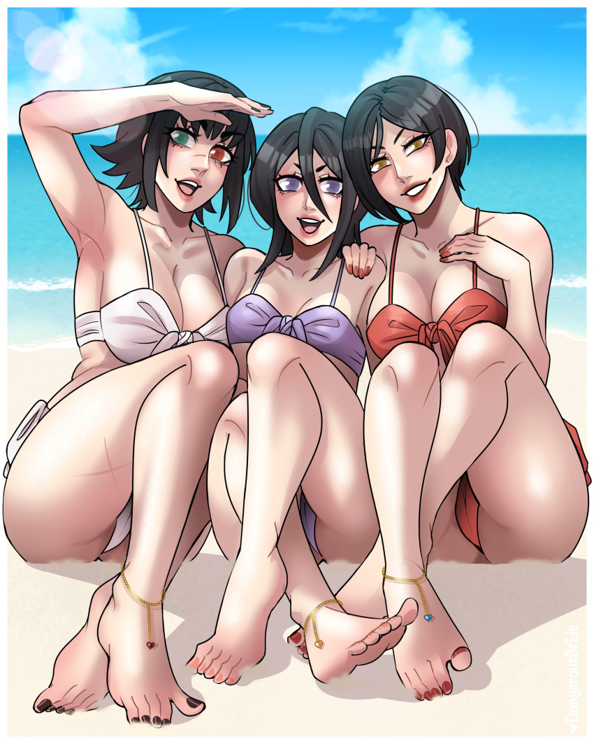 3girls absurdres ada_wong alternate_costume aqua_bikini barefoot beach bikini black_hair bleach breasts collar crossover dangerousbride devil_may_cry_(series) green_eyes hair_between_eyes hand_on_own_chest hand_over_eye hetero highres kuchiki_rukia lady_(devil_may_cry) multiple_girls nail_polish photoshop_(medium) pink_lips purple_eyes red_bikini red_eyes red_lips red_nails resident_evil short_hair sitting small_breasts swimsuit white_bikini