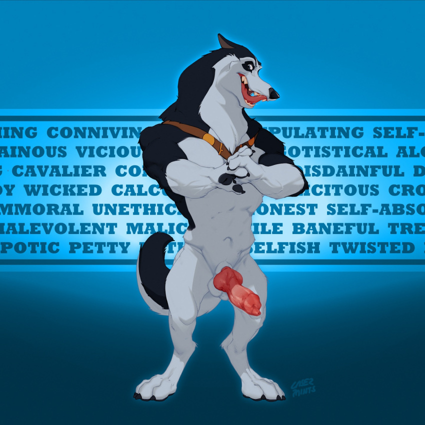 anatomically_correct animal_genitalia animal_penis athletic athletic_male balls balto_(film) belt canid canine canine_genitalia canine_penis canis cracking_knuckles domestic_dog english_text genitals grin hi_res husky laser_(artist) licking licking_lips looking_at_viewer male mammal nordic_sled_dog nude open_mouth penis side_eye signature smile solo spitz steele_(balto) text tongue tongue_out universal_studios