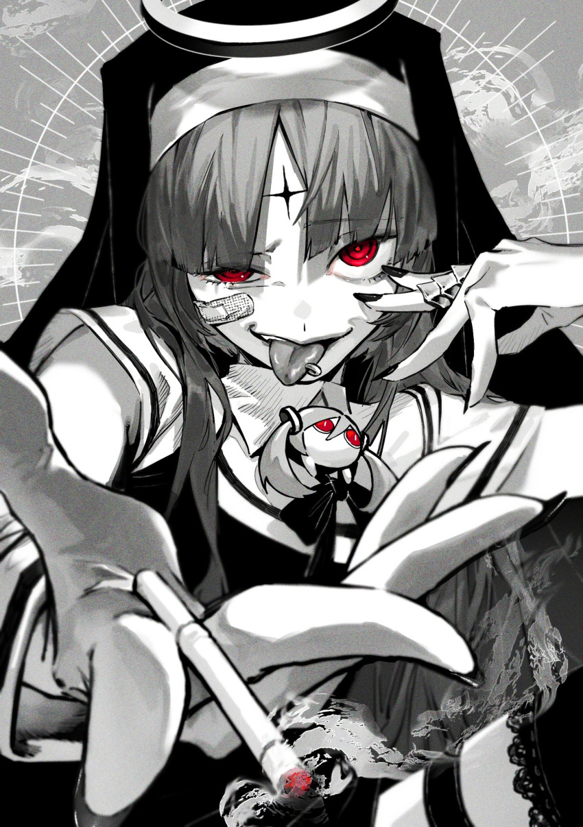 1girl 1other aimaina bandaid bandaid_on_face between_fingers blunt_bangs capelet cigarette claw_ring commentary_request dress facial_mark fingers_to_cheek forehead_mark foreshortening greyscale habit halo hand_up hatsune_miku highres holding holding_cigarette kamippoina_(vocaloid) lace-trimmed_thighhighs long_hair looking_at_viewer momo_jiru monochrome nail_polish neck_ribbon nun outstretched_hand parted_bangs piercing reaching_towards_viewer red_eyes ribbon ringed_eyes sanpaku sleeveless sleeveless_dress smirk smoke smoke_trail spot_color thigh_strap tongue tongue_out tongue_piercing uneven_eyes vocaloid wrist_cuffs