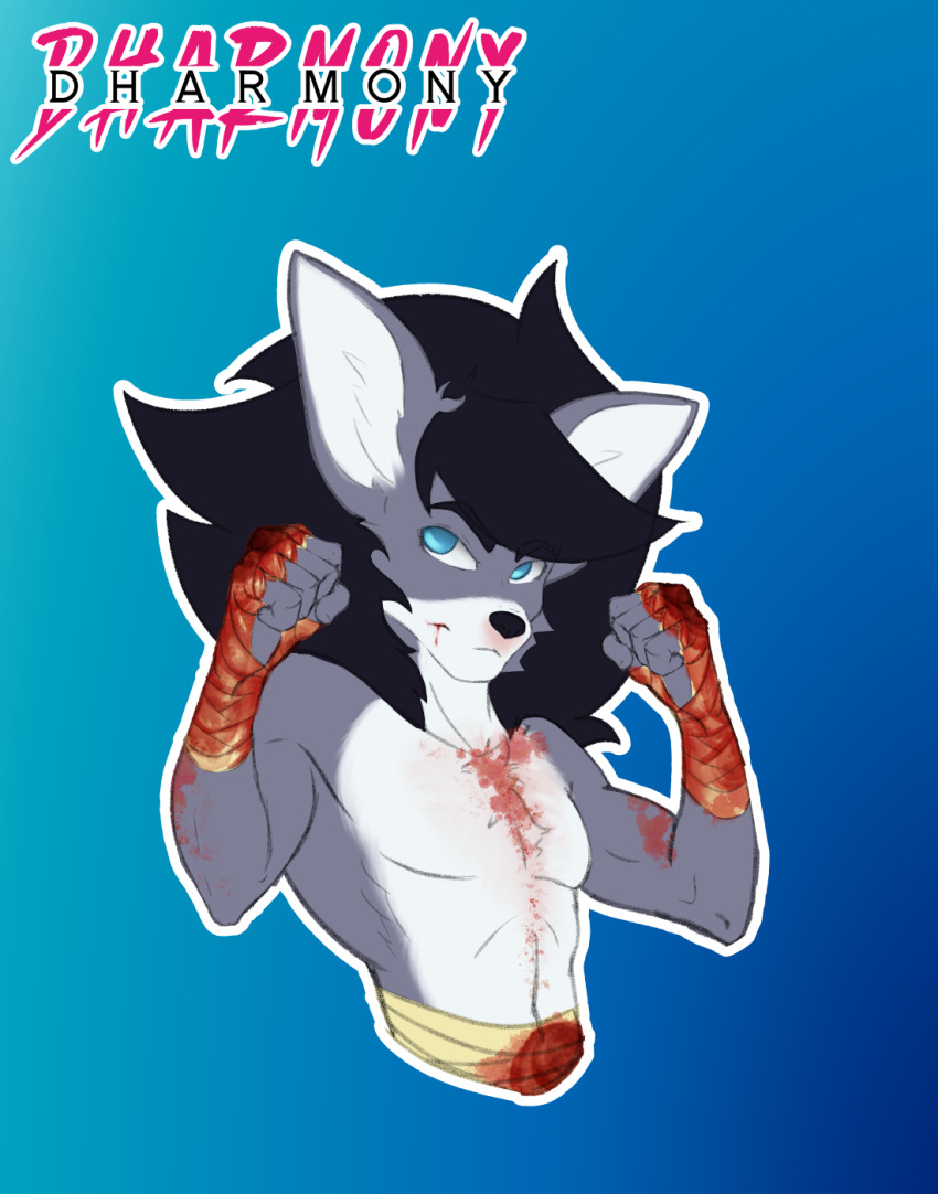 animal_humanoid anthro bandage bandaged_arm bandaged_hand black_hair blood blue_background blue_eyes bodily_fluids boxing_gloves canid canid_humanoid canine canine_humanoid canis clothing dharmony fur grey_body grey_fur grey_skin hair half_body handwear head_tuft hi_res humanoid icon male male/male mammal mammal_humanoid mane simple_background simple_eyes solo tuft wolf wolf_humanoid