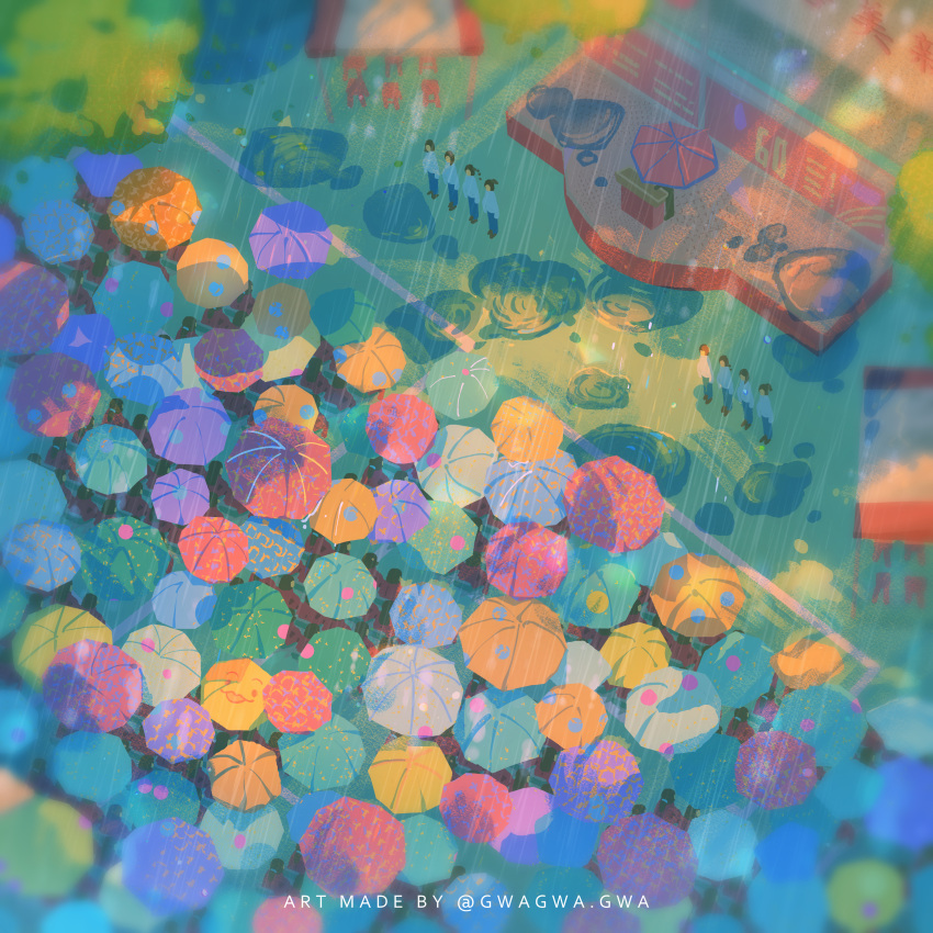 absurdres ceremony colorful crowd day from_above gwagwagwa highres original outdoors people pixiv_username puddle rain scenery stage tree umbrella watermark